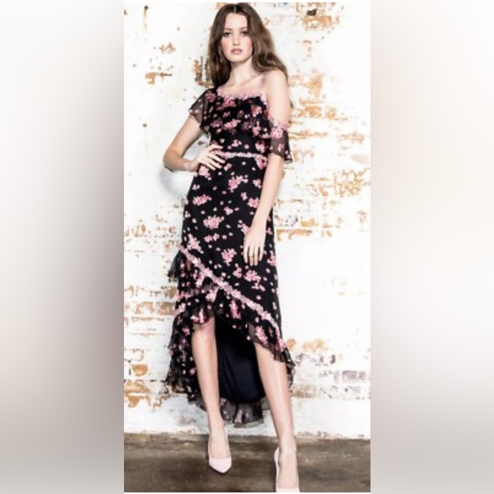 Alice + Olivia Caydon Floral ruffle one shoulder high low midi dress size 2